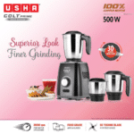 USHA Colt Prime Mixer Grinder, 500W | Powerful 100% Copper Motor | 3 Rust-Resistant Stainless Steel Jars & Blades | Uniform Grinding | 5-Year Motor Warranty (Black/Blue) - Image 2