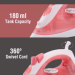 USHA SI 3813 C 1300W Steam Iron with Ceramic Coated Soleplate, 180ml Water Tank, Self Cleaning, Spray & Steam Burst, 360° Swivel Cord | 2-Year Warranty (Pink) - Image 5
