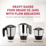 USHA Colt Prime Mixer Grinder, 500W | Powerful 100% Copper Motor | 3 Rust-Resistant Stainless Steel Jars & Blades | Uniform Grinding | 5-Year Motor Warranty (Black/Blue) - Image 5